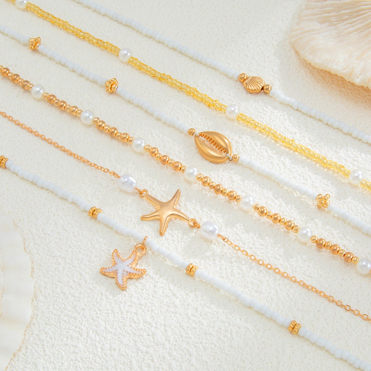 Boho Layered Enamel Starfish Conch Shell Charm Seed Beaded Necklace Set - ArtGalleryZen