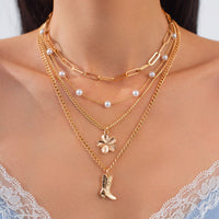 Thumbnail for Boho Layered Flower Boot Pendant Pearl Chain Necklace Set - ArtGalleryZen