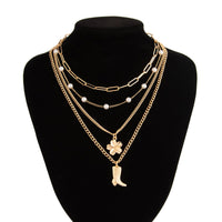 Thumbnail for Boho Layered Flower Boot Pendant Pearl Chain Necklace Set - ArtGalleryZen