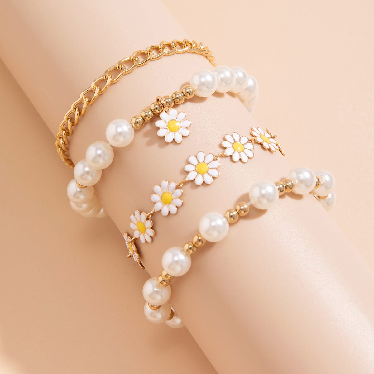 Boho Layered Flower Pearl Chain Bracelet Set - ArtGalleryZen