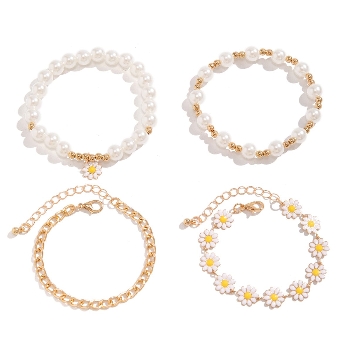 Boho Layered Flower Pearl Chain Bracelet Set - ArtGalleryZen