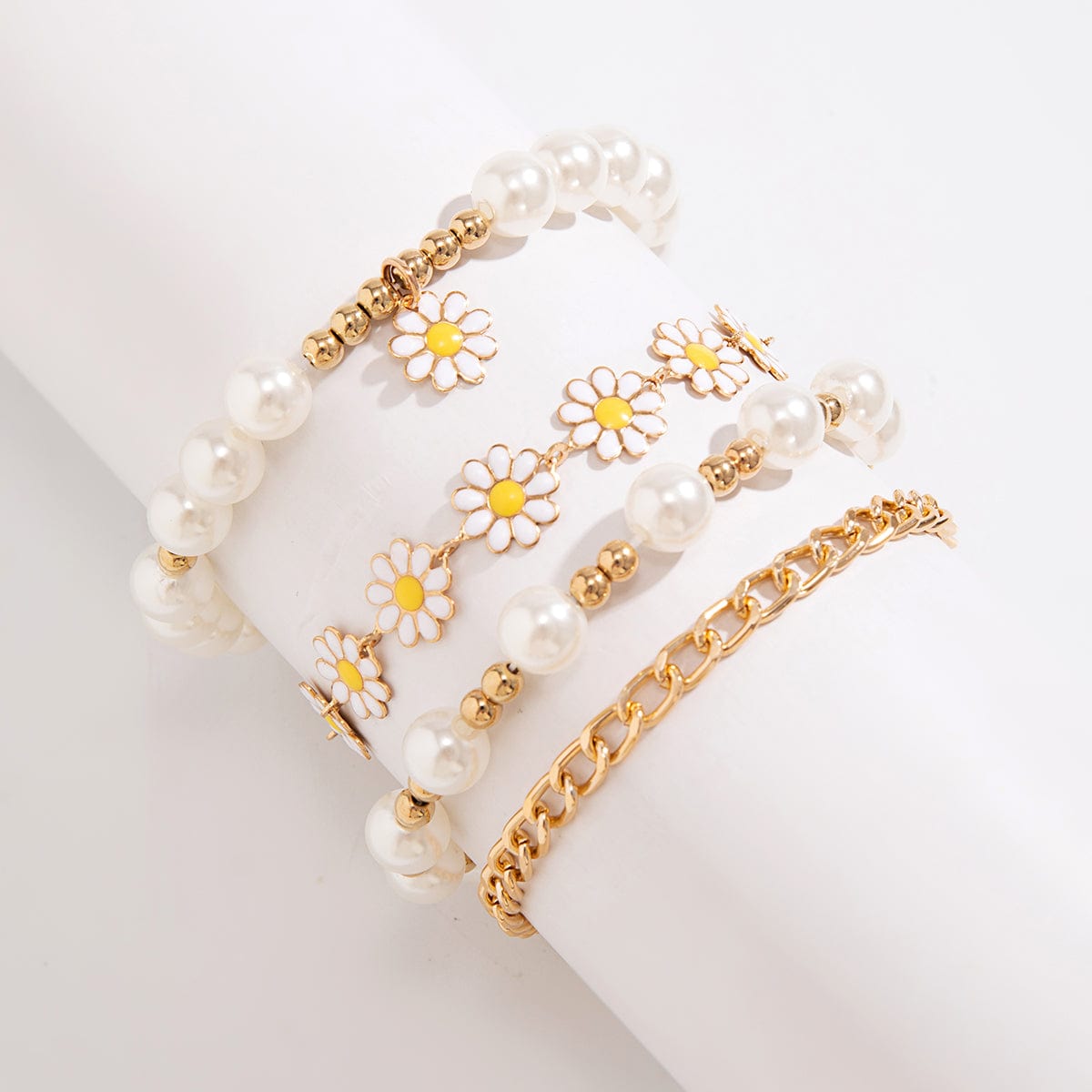 Boho Layered Flower Pearl Chain Bracelet Set - ArtGalleryZen