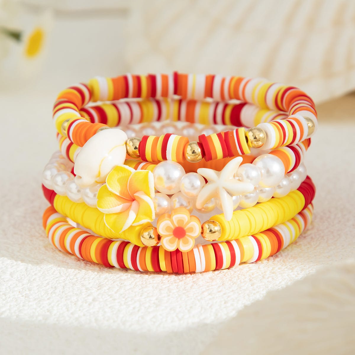 Boho Layered Flower Starfish Conch Polymer Clay Beaded Bracelet Set - ArtGalleryZen