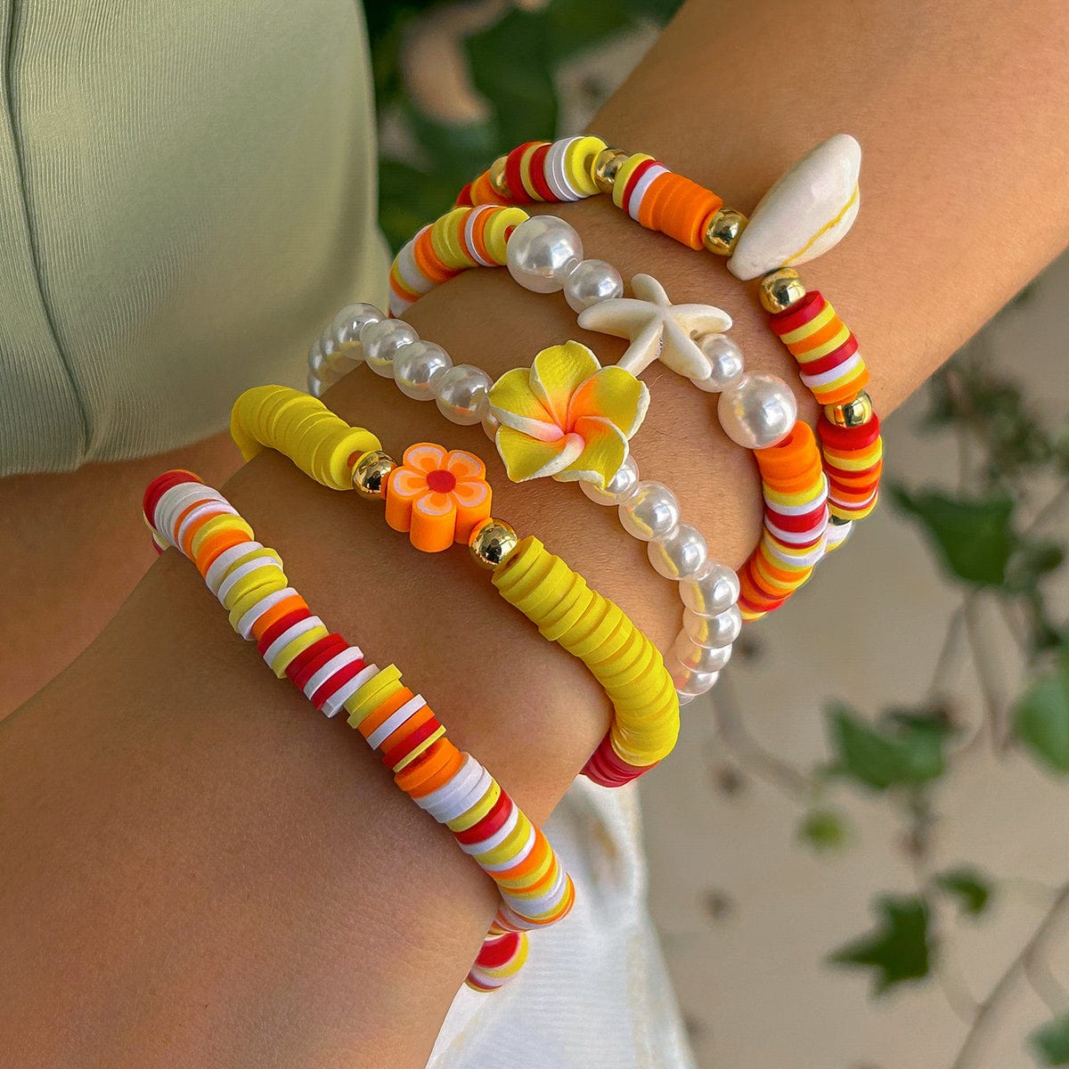 Boho Layered Flower Starfish Conch Polymer Clay Beaded Bracelet Set - ArtGalleryZen