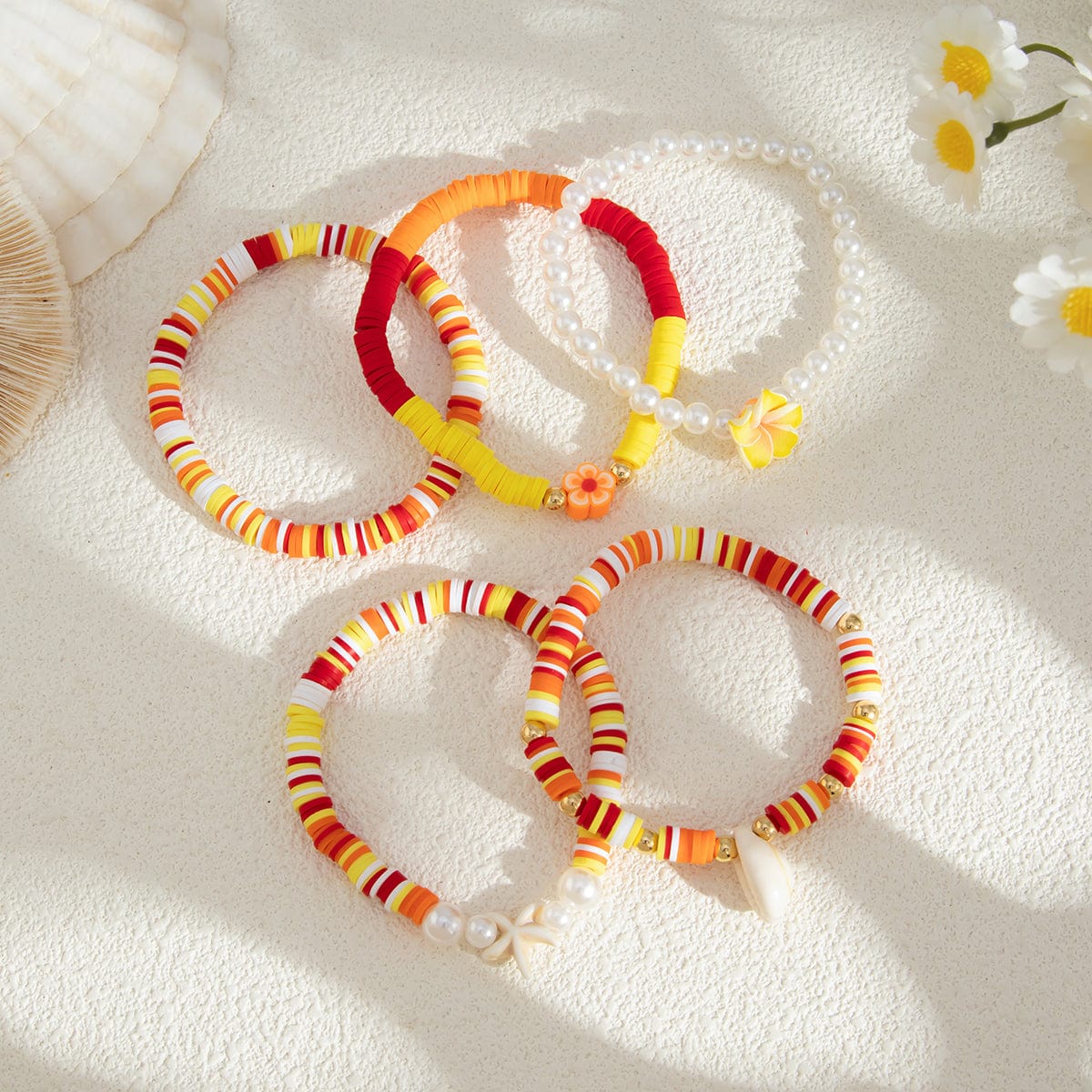 Boho Layered Flower Starfish Conch Polymer Clay Beaded Bracelet Set - ArtGalleryZen
