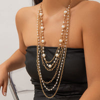 Thumbnail for Boho Layered Gold Tone Pearl Cable Chain Necklace - ArtGalleryZen