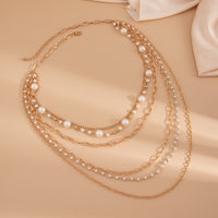 Thumbnail for Boho Layered Gold Tone Pearl Cable Chain Necklace - ArtGalleryZen