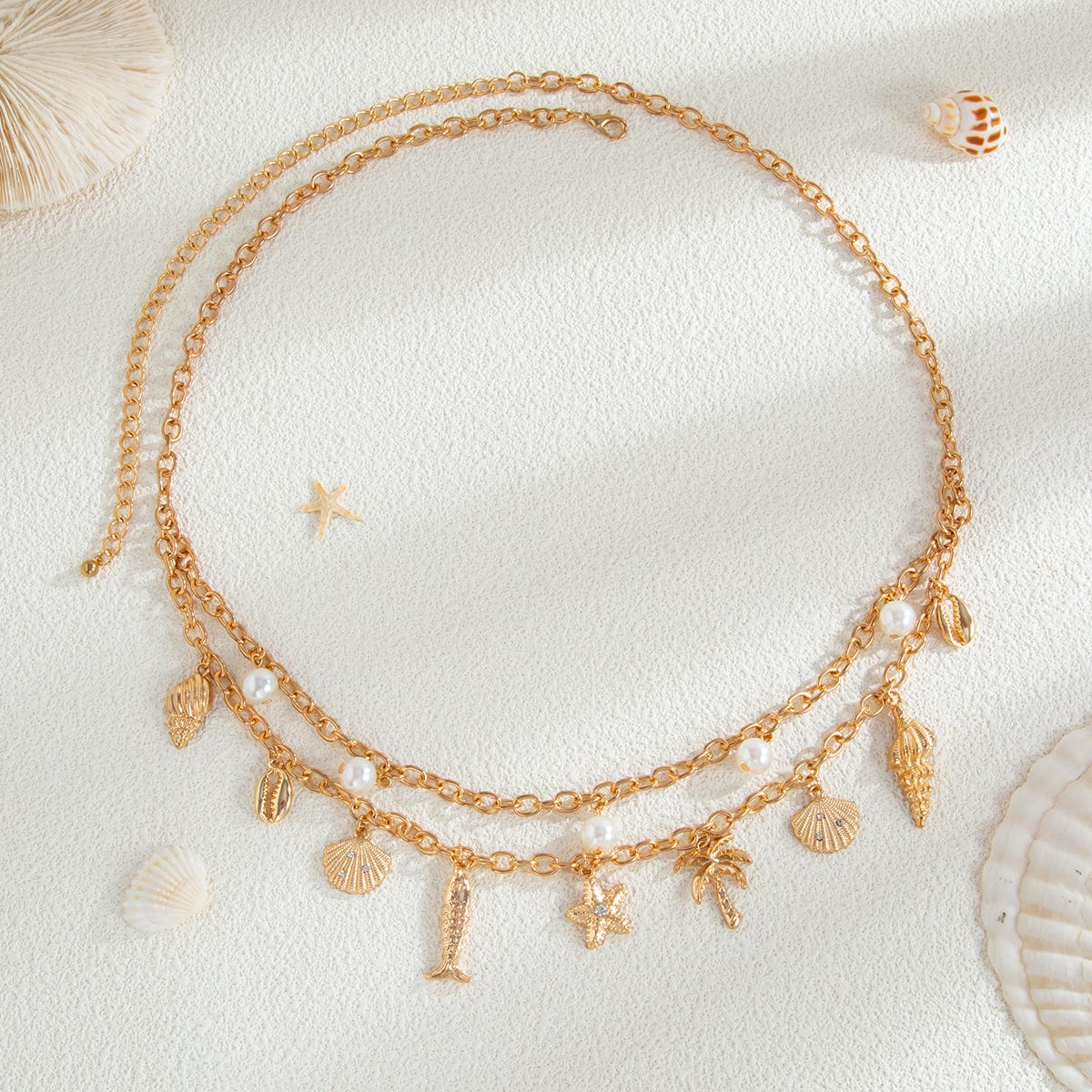 Boho Layered Goldfish Coconut Tree Starfish Tassel Waist Chain - ArtGalleryZen