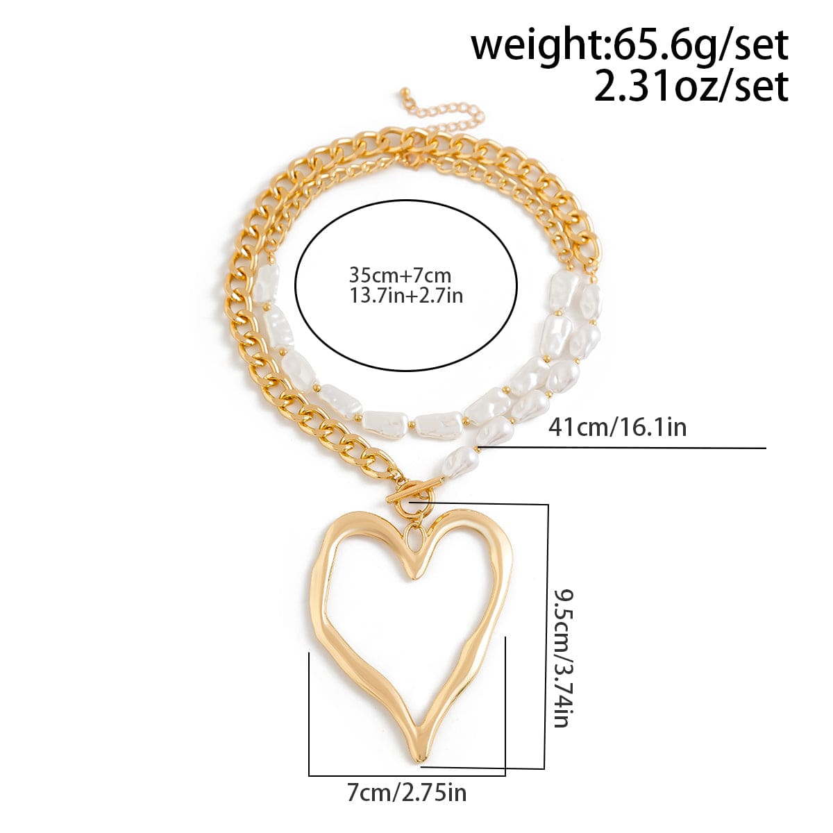 Boho Layered Heart Pendant Irregular Pearl Curb Chain Choker Necklace Set - ArtGalleryZen