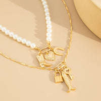 Thumbnail for Boho Layered Key Lock Boot Lucky Horseshoe Pendant Pearl Chain Necklace Set - ArtGalleryZen