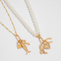 Thumbnail for Boho Layered Key Lock Boot Lucky Horseshoe Pendant Pearl Chain Necklace Set - ArtGalleryZen