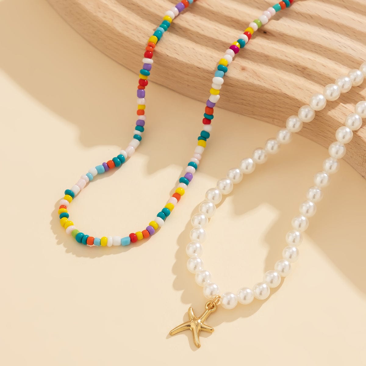 Boho Layered Seed Bead Starfish Pendant Pearl Chain Necklace Set - ArtGalleryZen