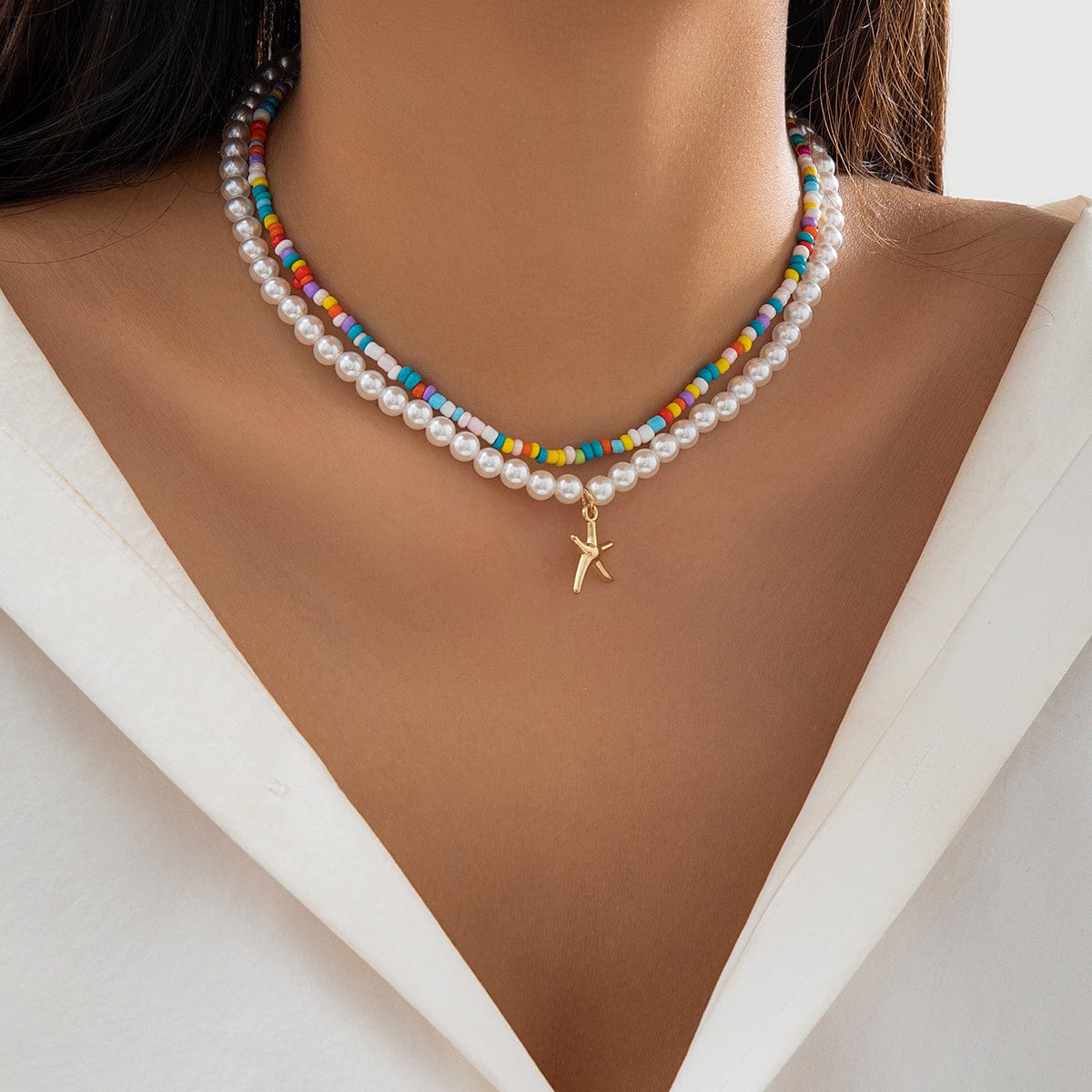 Boho Layered Seed Bead Starfish Pendant Pearl Chain Necklace Set - ArtGalleryZen