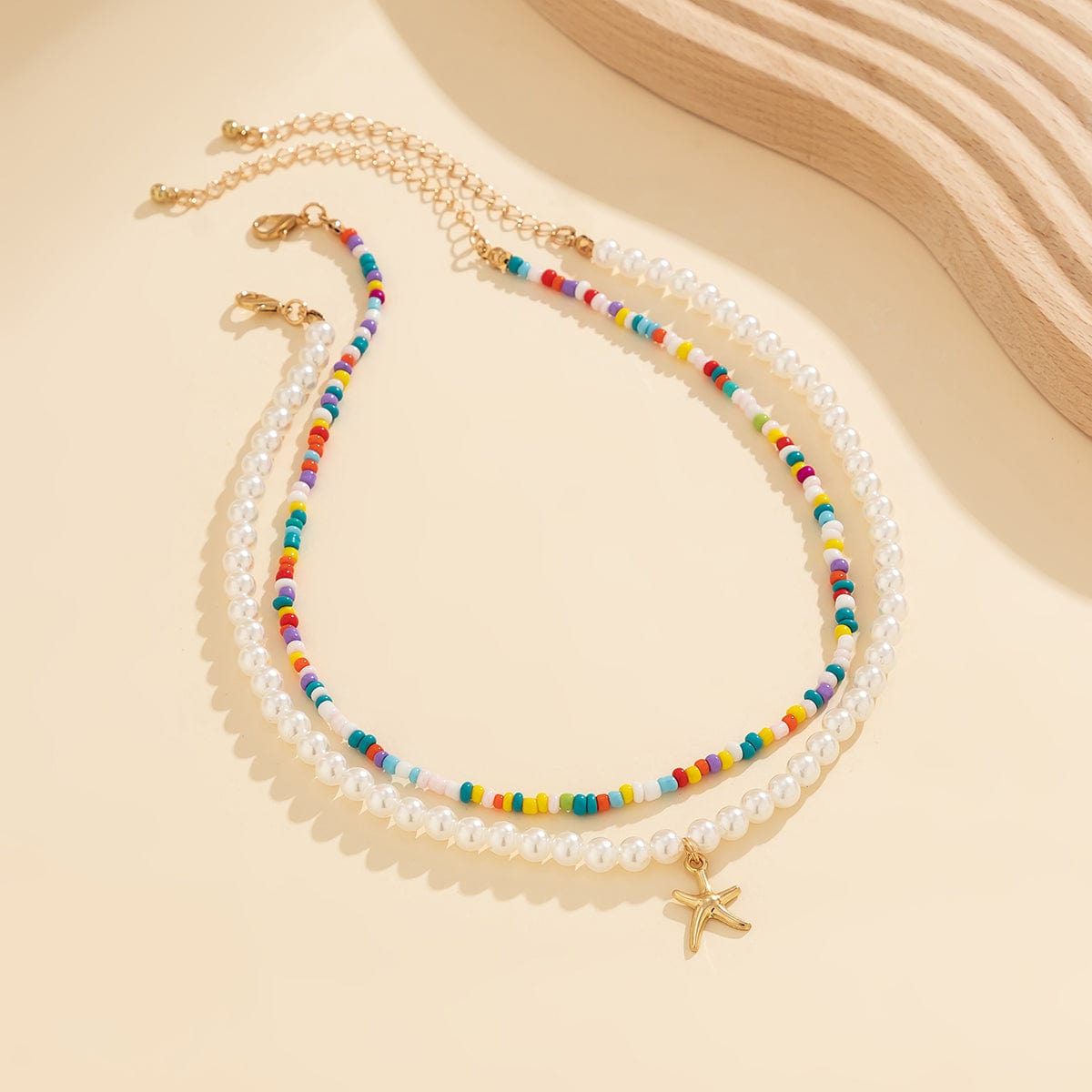 Boho Layered Seed Bead Starfish Pendant Pearl Chain Necklace Set - ArtGalleryZen