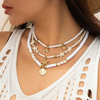 Thumbnail for Boho Layered Shell Starfish Mermaid Pendant Pearl Seed Bead Necklace Set - ArtGalleryZen