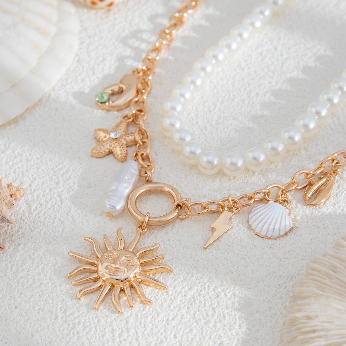 Boho Layered Sun Starfish Lighting Pendant Pearl Chain Necklace Set - ArtGalleryZen