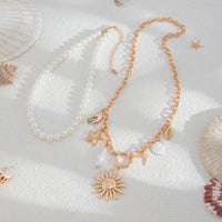 Thumbnail for Boho Layered Sun Starfish Lighting Pendant Pearl Chain Necklace Set - ArtGalleryZen