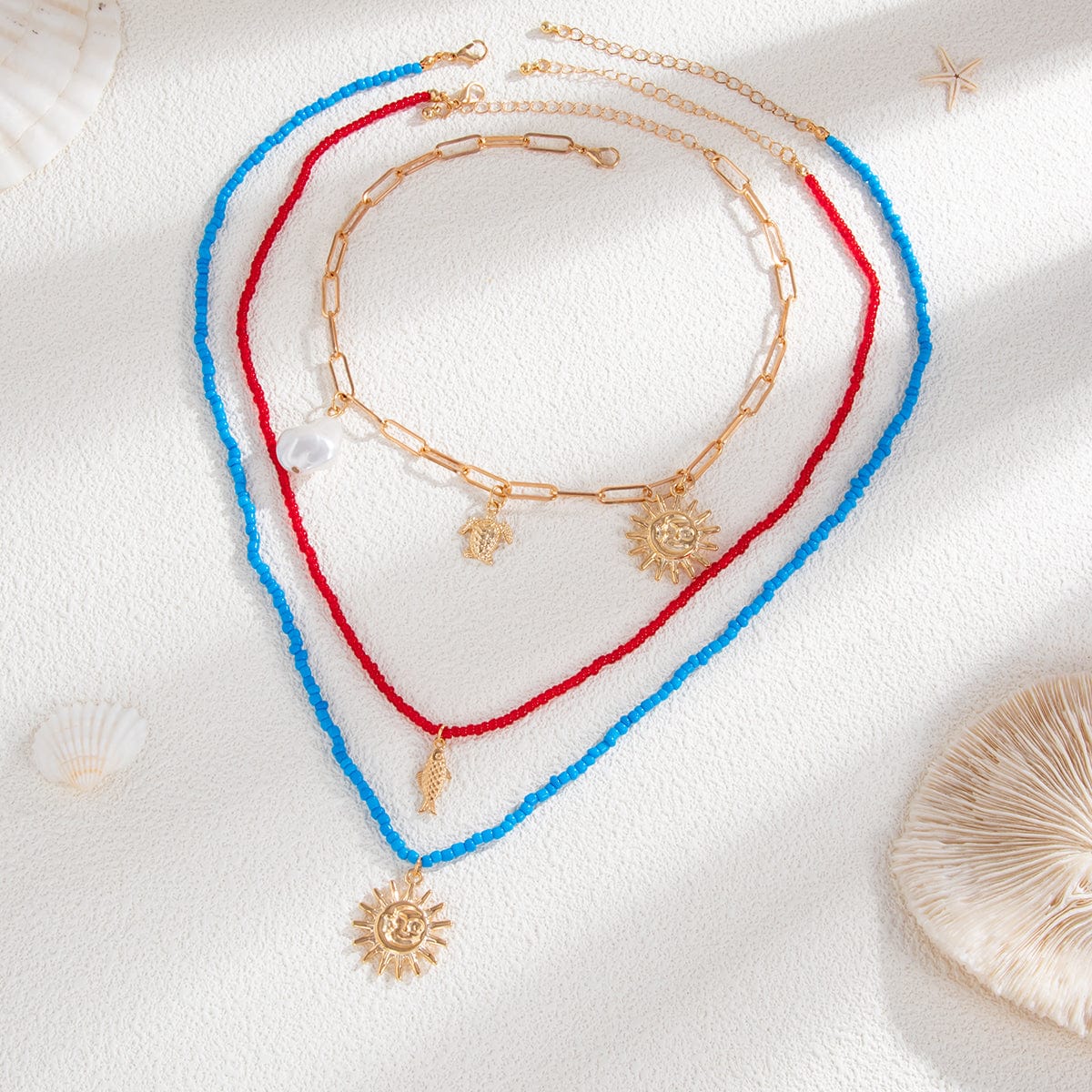 Boho Layered Sun Turtle Pearl Pendant Seed Beaded Necklace Set - ArtGalleryZen