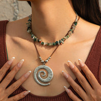 Thumbnail for Boho Layered Textured Spiral Pendant Turquoise Stone Chain Velvet Necklace Set - ArtGalleryZen