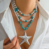 Thumbnail for Boho Layered Textured Star Pendant Turquoise Pearl Chain Necklace - ArtGalleryZen