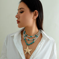 Thumbnail for Boho Layered Textured Star Pendant Turquoise Pearl Chain Necklace - ArtGalleryZen