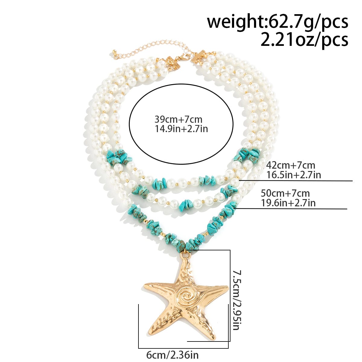 Boho Layered Textured Star Pendant Turquoise Pearl Chain Necklace - ArtGalleryZen