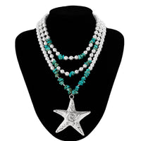 Thumbnail for Boho Layered Textured Star Pendant Turquoise Pearl Chain Necklace - ArtGalleryZen