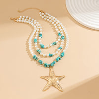 Thumbnail for Boho Layered Textured Star Pendant Turquoise Pearl Chain Necklace - ArtGalleryZen