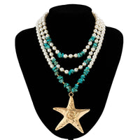 Thumbnail for Boho Layered Textured Star Pendant Turquoise Pearl Chain Necklace - ArtGalleryZen