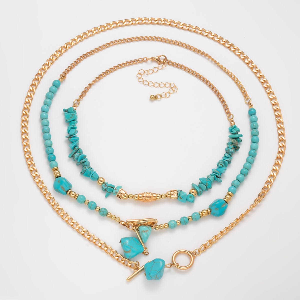 Boho Layered Toggle Clasp Turquoise Pendant Cable Chain Necklace Set - ArtGalleryZen