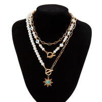 Thumbnail for Boho Layered Toggle Clasp Turquoise Sun Pendant Evil Eye Pearl Chain Necklace Set - ArtGalleryZen