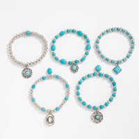 Thumbnail for Boho Layered Turquoise Inlaid Flower Round Disk Charm Ball chain Bracelet Set - ArtGalleryZen
