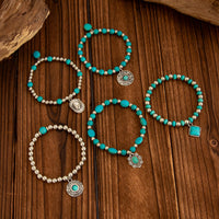 Thumbnail for Boho Layered Turquoise Inlaid Flower Round Disk Charm Ball chain Bracelet Set - ArtGalleryZen