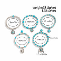 Thumbnail for Boho Layered Turquoise Inlaid Flower Round Disk Charm Ball chain Bracelet Set - ArtGalleryZen