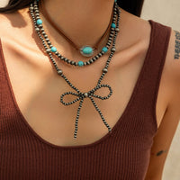 Thumbnail for Boho Layered Turquoise Oval Charm Beaded Bowknot Velvet Necklace Set - ArtGalleryZen