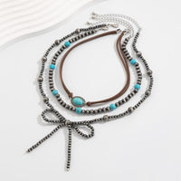 Thumbnail for Boho Layered Turquoise Oval Charm Beaded Bowknot Velvet Necklace Set - ArtGalleryZen