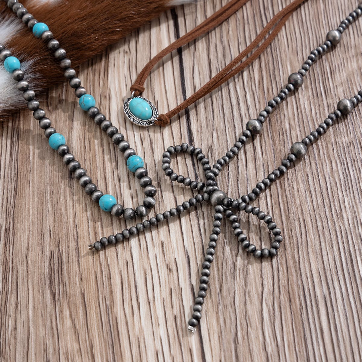 Boho Layered Turquoise Oval Charm Beaded Bowknot Velvet Necklace Set - ArtGalleryZen