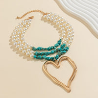 Thumbnail for Boho Layered Turquoise Pearl Chain Heart Pendant Choker Necklace - ArtGalleryZen