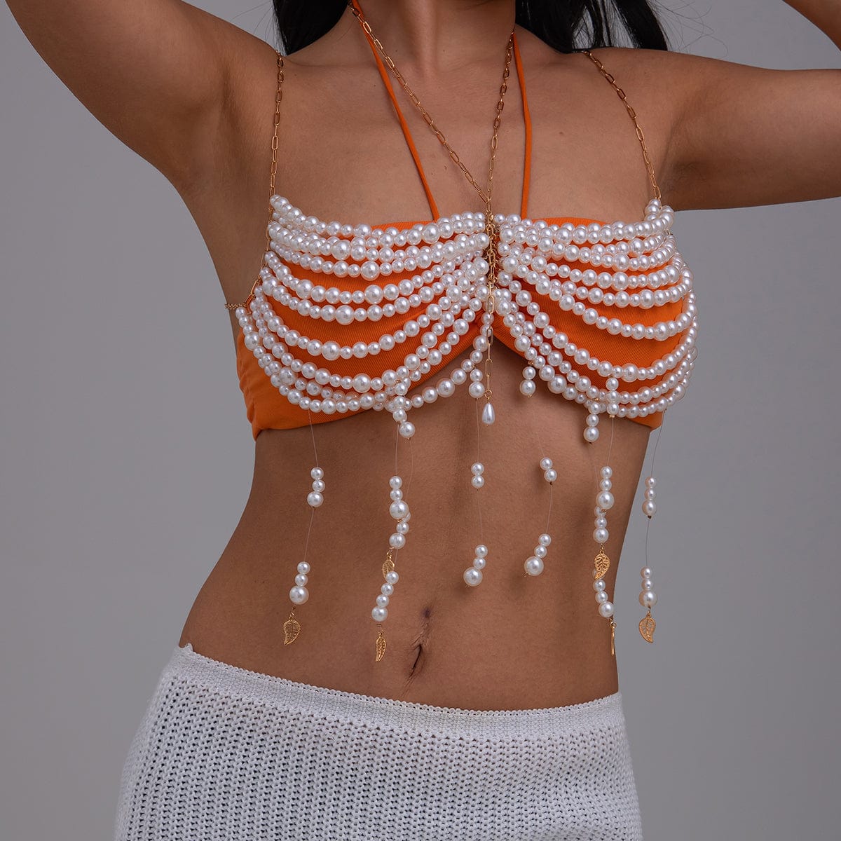 Boho Metallic Feather Tassel Pearl Beaded Lingerie Halter Top Backless Bra - ArtGalleryZen