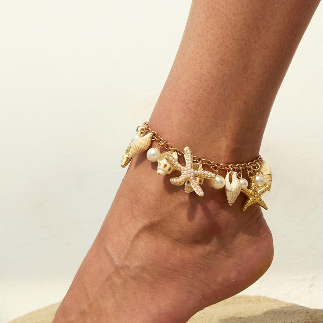 Boho Pearl Inlaid Starfish Conch Tassel Anklet - ArtGalleryZen