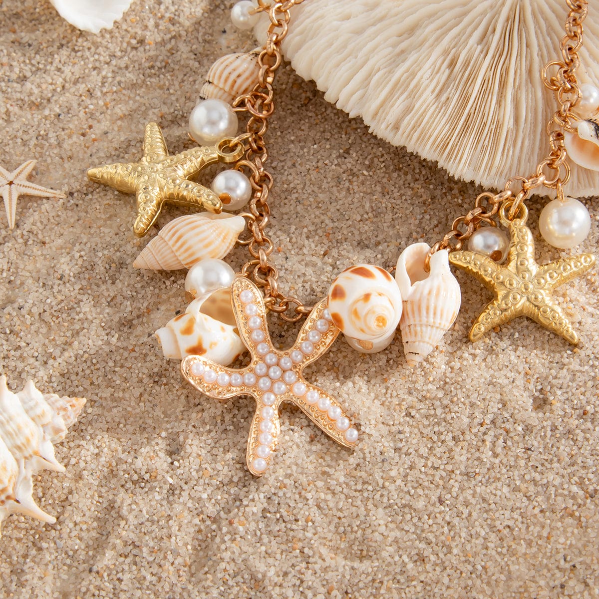 Boho Pearl Inlaid Starfish Conch Tassel Anklet - ArtGalleryZen