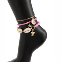 Thumbnail for Boho Pink 3Pcs Conch Starfish Turtle Charm Seed Bead Anklet Set - ArtGalleryZen