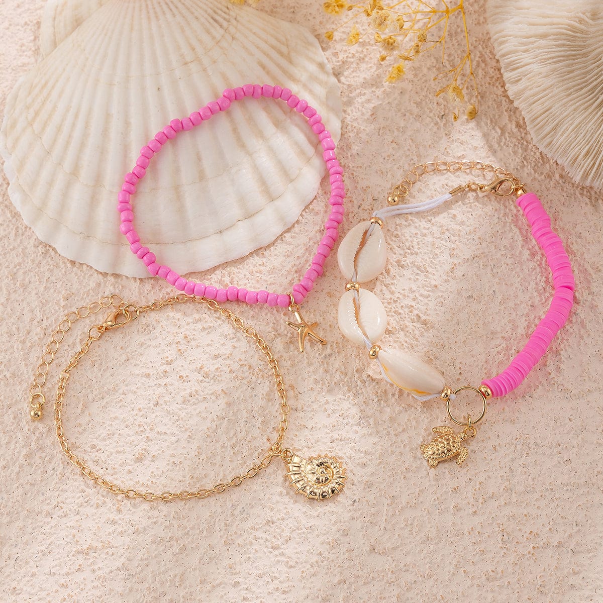 Boho Pink 3Pcs Conch Starfish Turtle Charm Seed Bead Anklet Set - ArtGalleryZen
