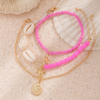 Thumbnail for Boho Pink 3Pcs Conch Starfish Turtle Charm Seed Bead Anklet Set - ArtGalleryZen