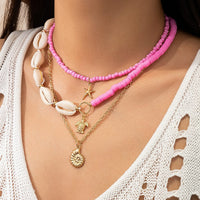Thumbnail for Boho Pink Conch Starfish Turtle Pendant Seed Bead Necklace Set - ArtGalleryZen
