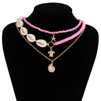 Thumbnail for Boho Pink Conch Starfish Turtle Pendant Seed Bead Necklace Set - ArtGalleryZen