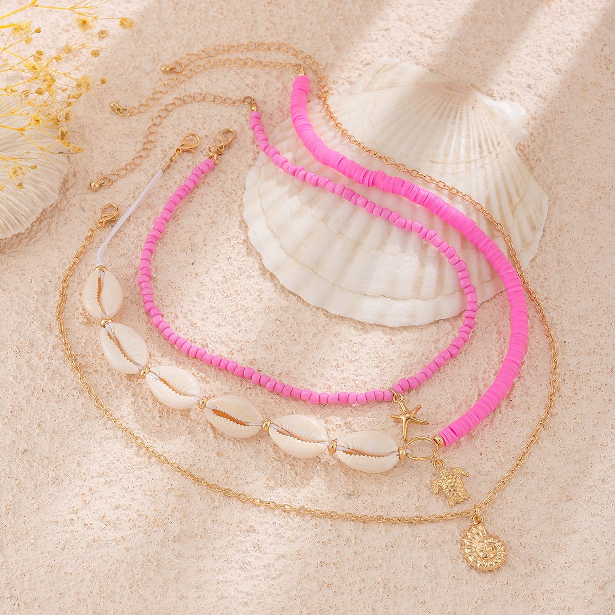 Boho Pink Conch Starfish Turtle Pendant Seed Bead Necklace Set - ArtGalleryZen