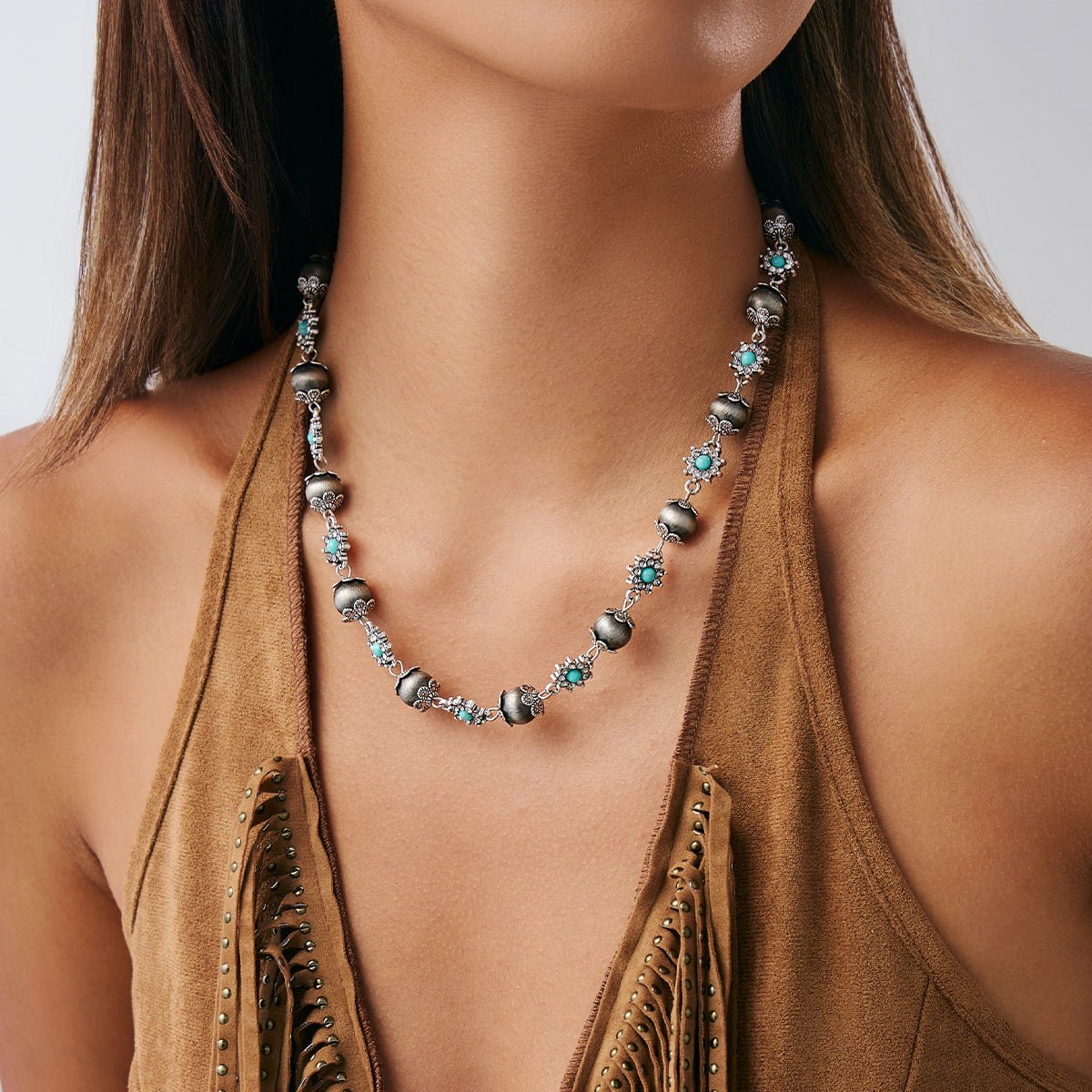 Boho Rhinestone Turquoise Flower Antique Silver Beaded Chain Necklace - ArtGalleryZen