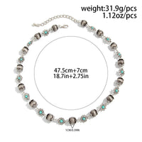 Thumbnail for Boho Rhinestone Turquoise Flower Antique Silver Beaded Chain Necklace - ArtGalleryZen