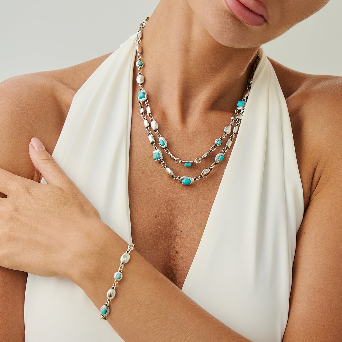 Boho Silver Tone Turquoise Inlaid Necklace Bracelet - ArtGalleryZen